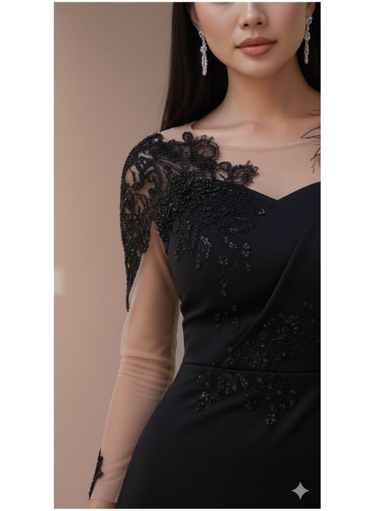 FULL JOY Women's Maxi Black Evening Dress Made of High-quality Fabric with Sheer Sleeves; Elegant Dress, Fashion Dress - Image 4